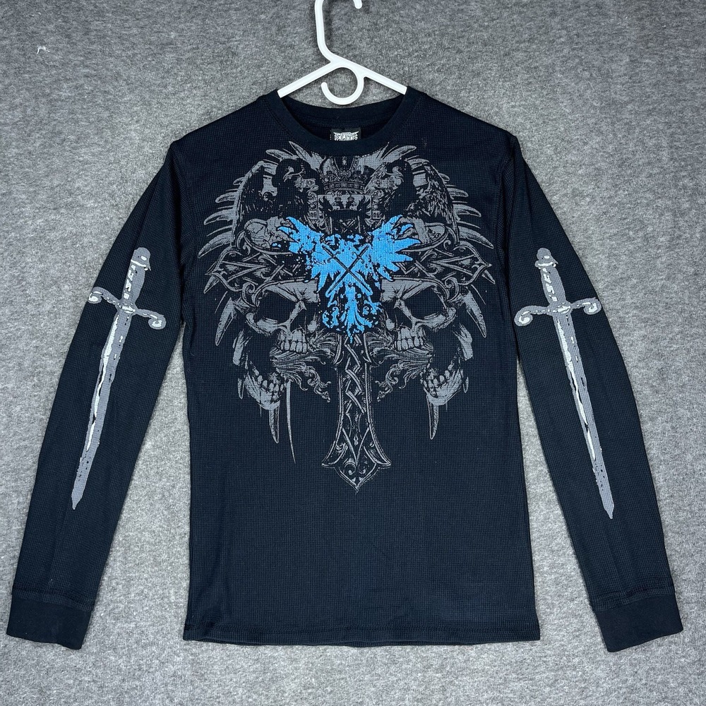 VTG MMA Elite Shirt Mens M Black Thermal Waffle Knit Cross Skull Goth daggers